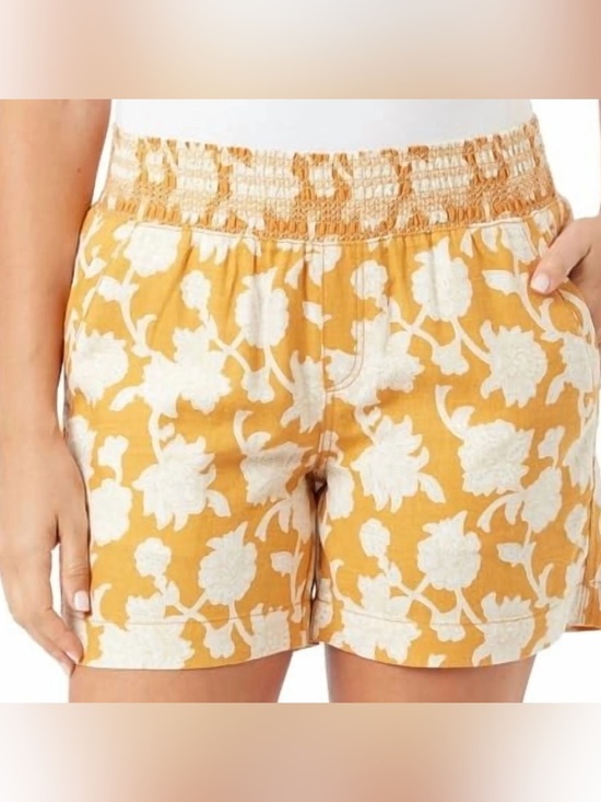 Briggs New York Pants - Briggs New York Orange Floral Smocked High Waist Shorts medium